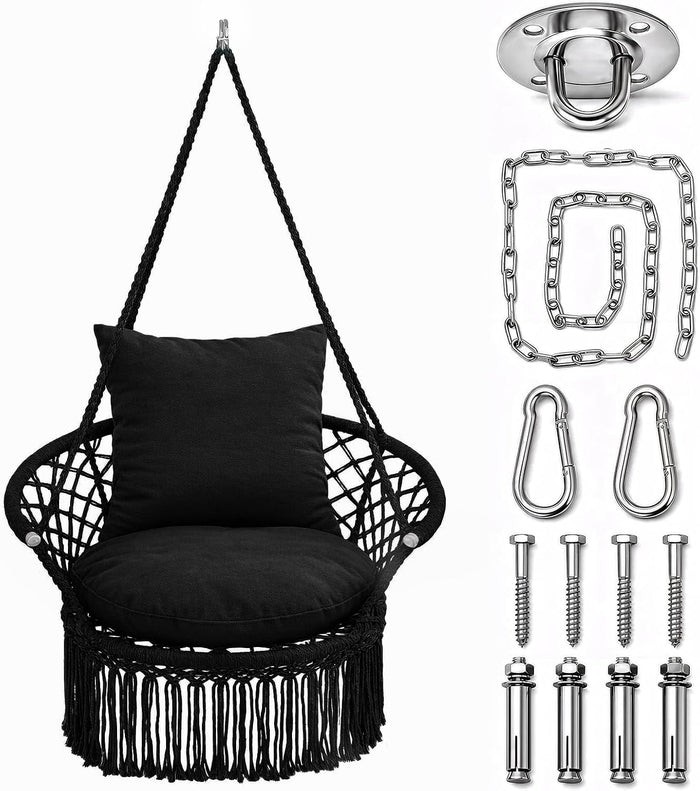 Athena Collection Macrame Hammock Chair with Mounting Hardware Kit, Black