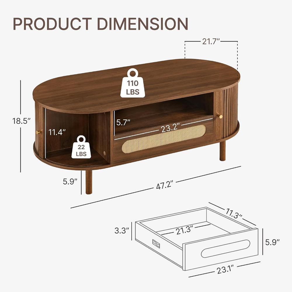 KISLOT Oval Coffee Table with Drawer,47.2" Fluted Center Table for Livin...
