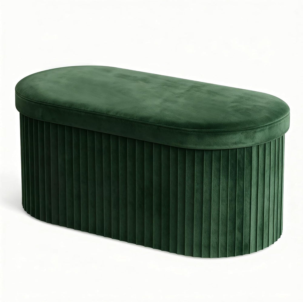 GLAXYFUR Folding Ottoman with Storage, Oval Velvet Storage Bench, Green