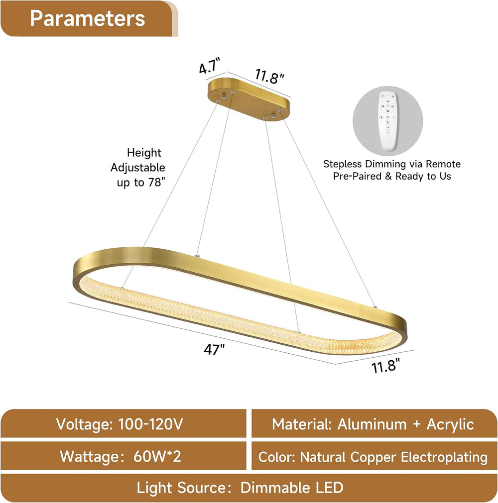 47" LED Gold Rectangle Chandeliers for Dining Room, Modern, Oval