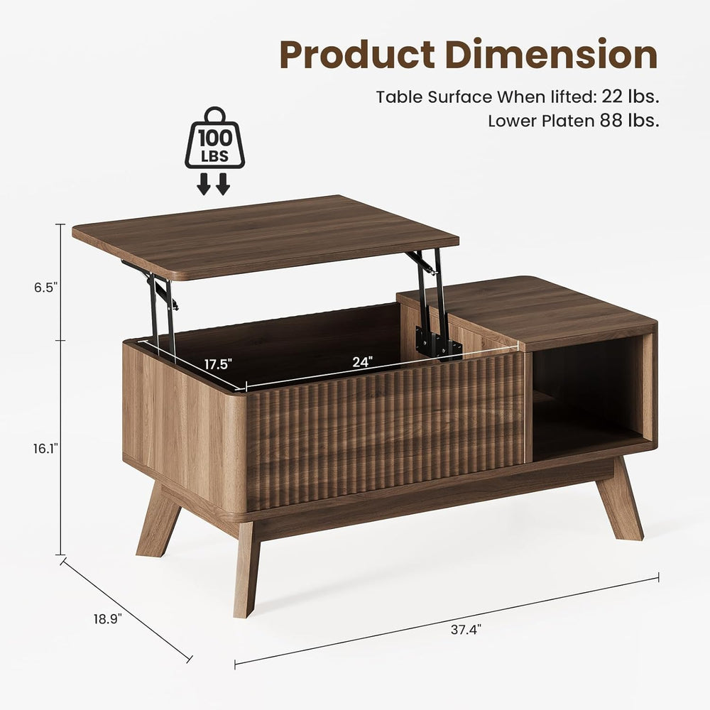 Lift Top Coffee Table, Fluted Hidden Storage Table for Living Room, Walnut