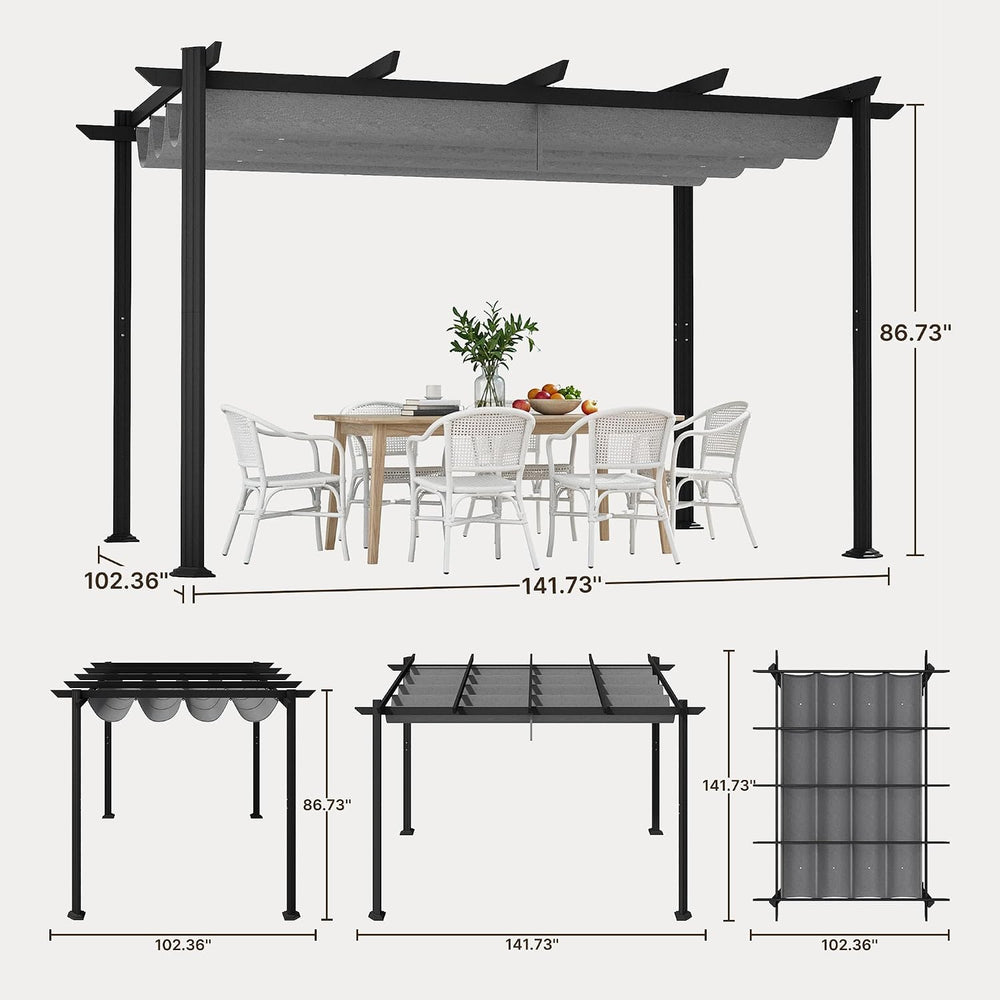 Ahomly 12 X 8 Outdoor Retractable Pergola, Adjustable Shade Canopy, Gray