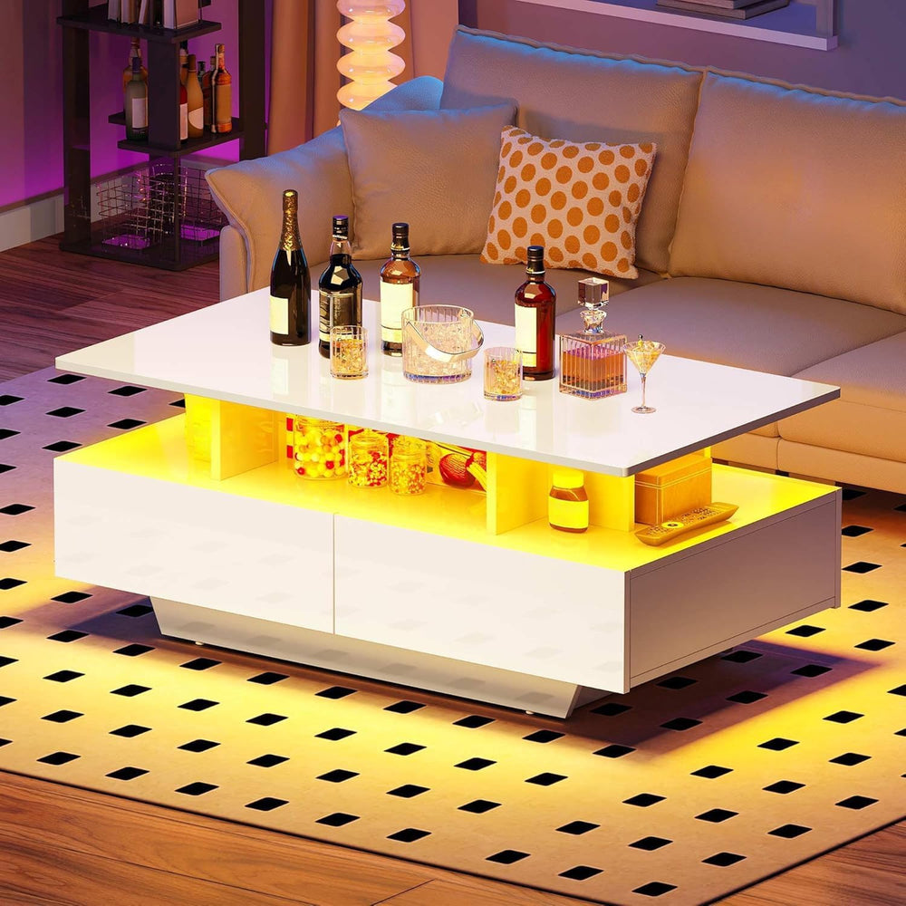 DWVO LED Coffee Table with Storage 4 Drawers, Modern High Glossy Coffee Table...