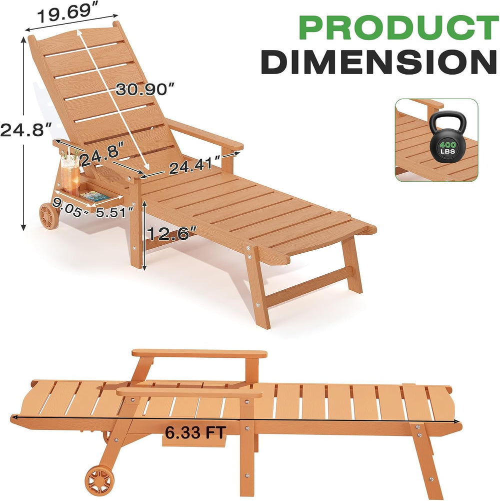 Outdoor Lounge Chairs Set of 2, 6.3ft Chaise Pool Lounger with Wheels