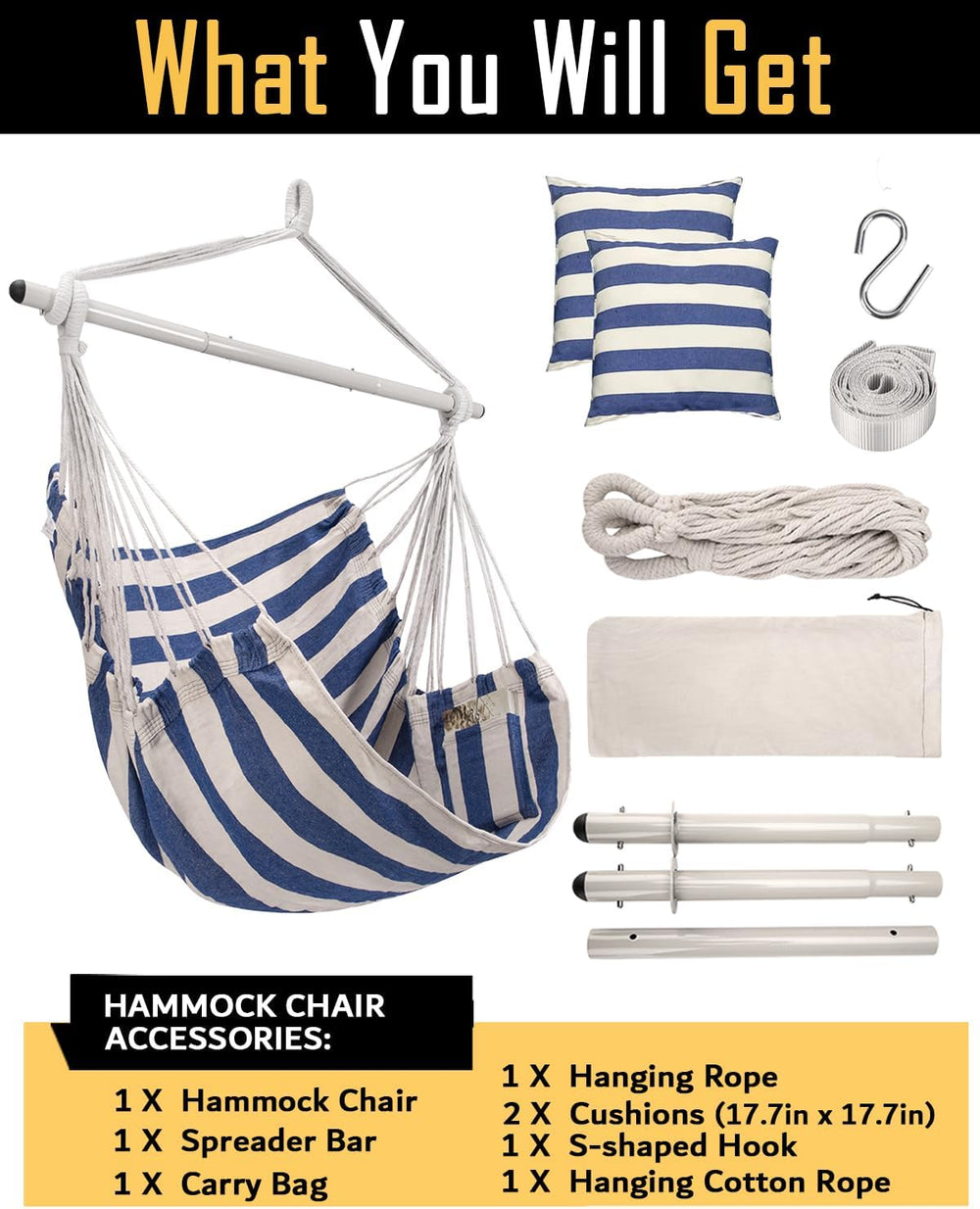 ADVOKAIR Hammock Chair Swing 500lbs Steel Bar 2 Cushions Multi Size