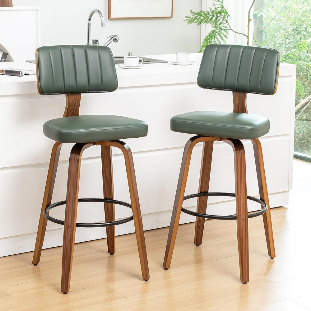 LUNLING 25.2” Swivel Bar Stools Set of 2,Green Faux Leather Counter Height Ba...