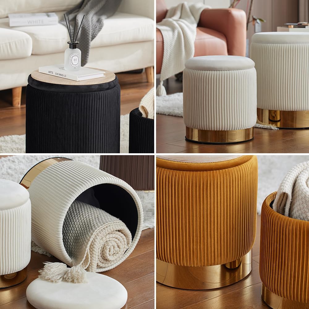 YYW HOME Round Ottoman with Storage Set of 2, Yellow Velvet Vanity Stool