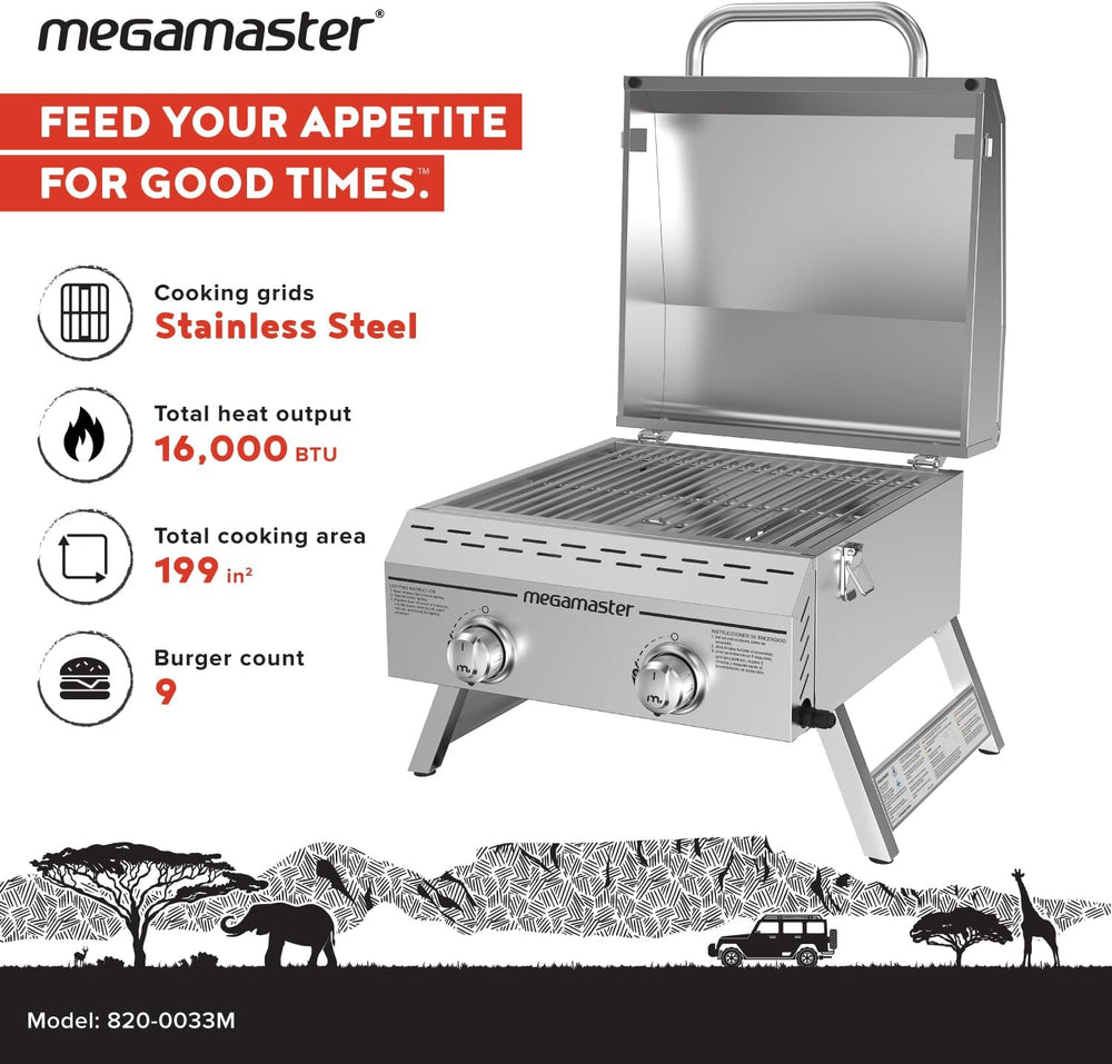Megamaster Tabletop 2 Burner Gas Grill, Stainless Steel with Foldable Legs