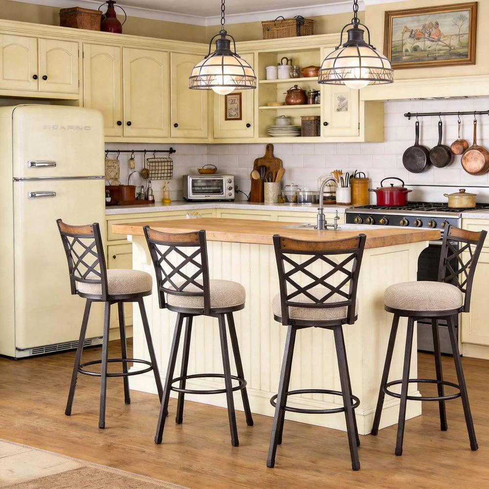KORZEY Swivel Bar Stools Set of 2, 25/30 Inch Adjustable Beige Fabric Bar Cha...
