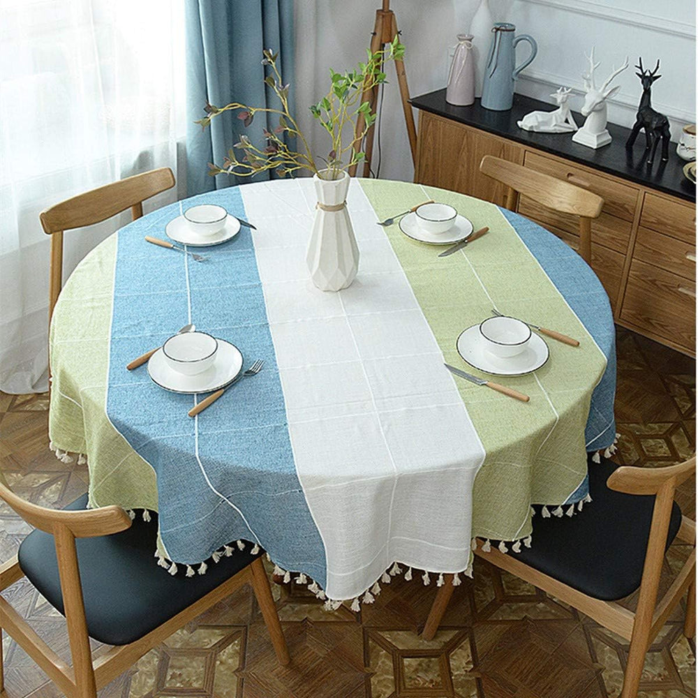 Dimatic Heavy Weight Cotton Linen Tablecloth, Plaid Tassel Round Table Cover ...