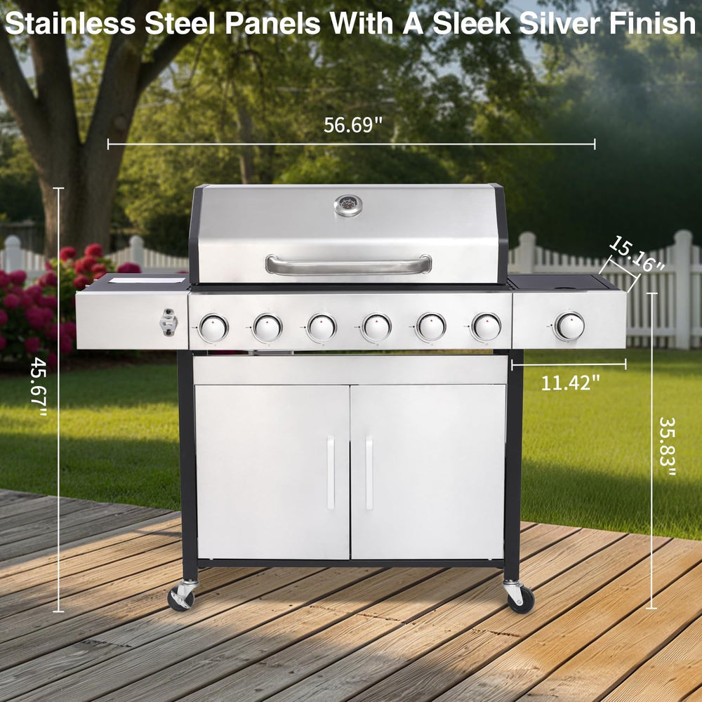6 Burner Propane Gas Grill with Side Burner, Cast Iron Grates & Griddle C...