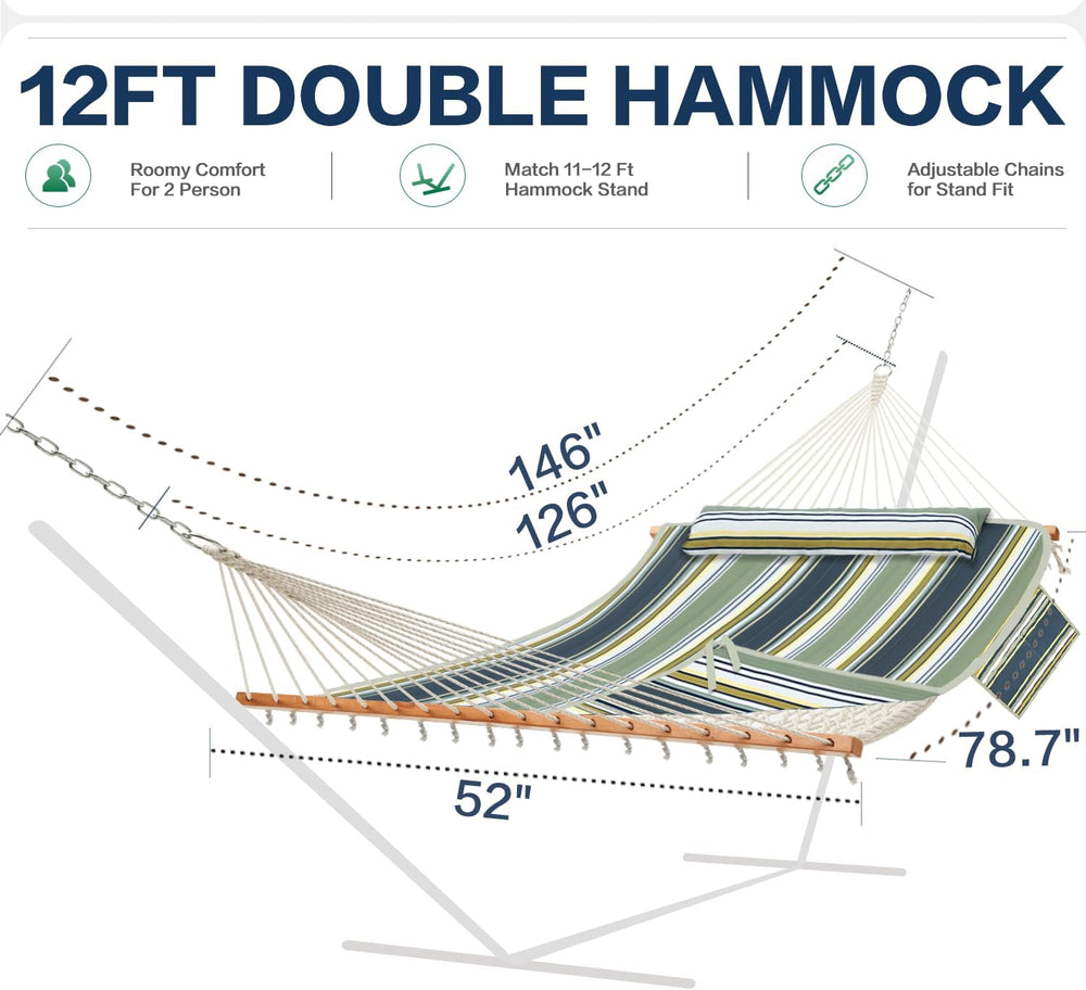 GAFETE 12FT 2 Person Handwoven Rope Hammock with Pad and Pillow for Outside