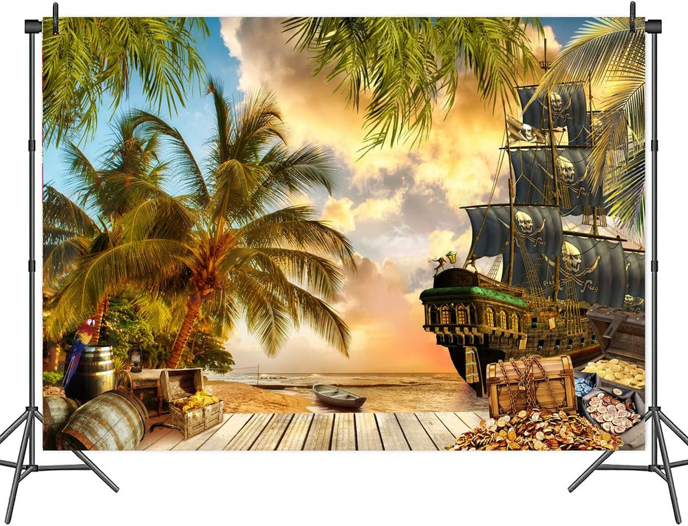 10X8ft Pirate Theme Photo Backdrop Photography Background, Pirate Ship Treasu...