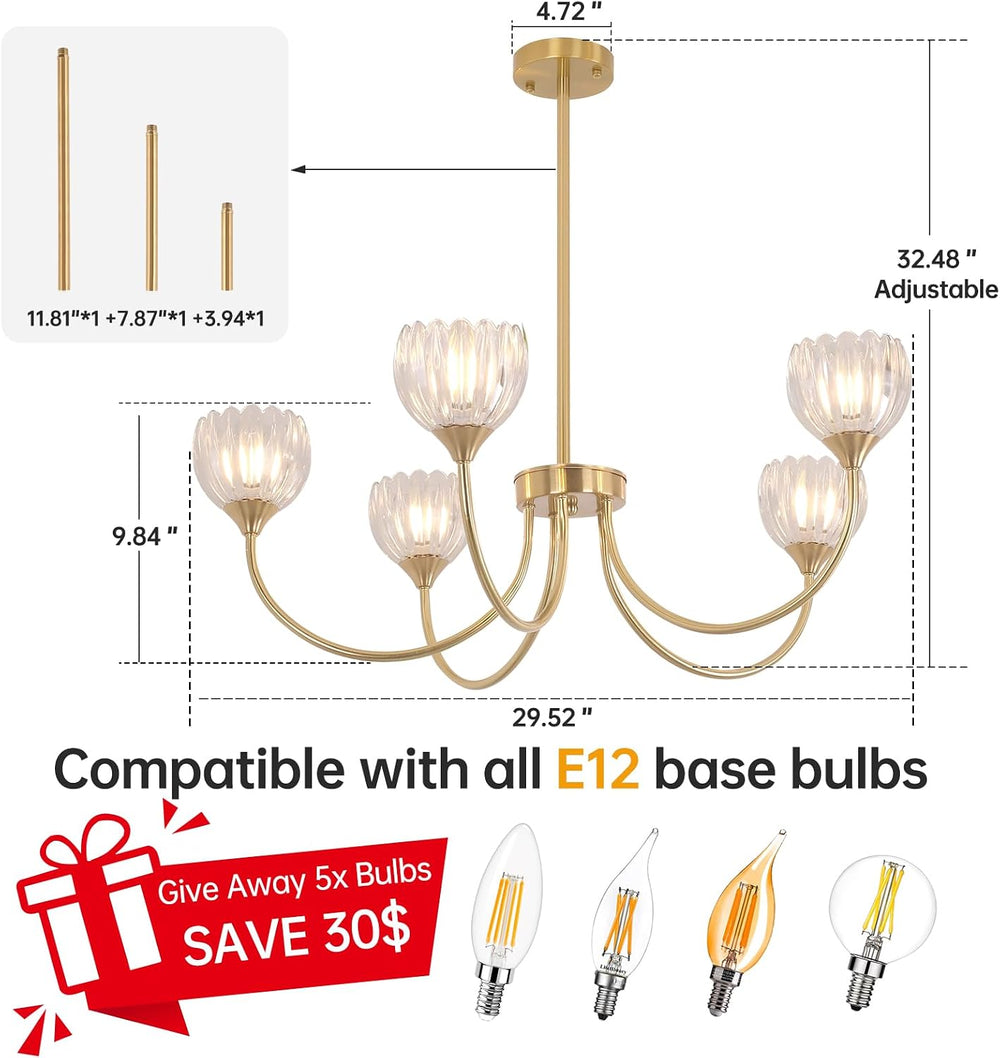 Shenmoyl 30.31" Brass Gold 5-Light Chandelier, 5-Arm Clear Tulip Glass P...