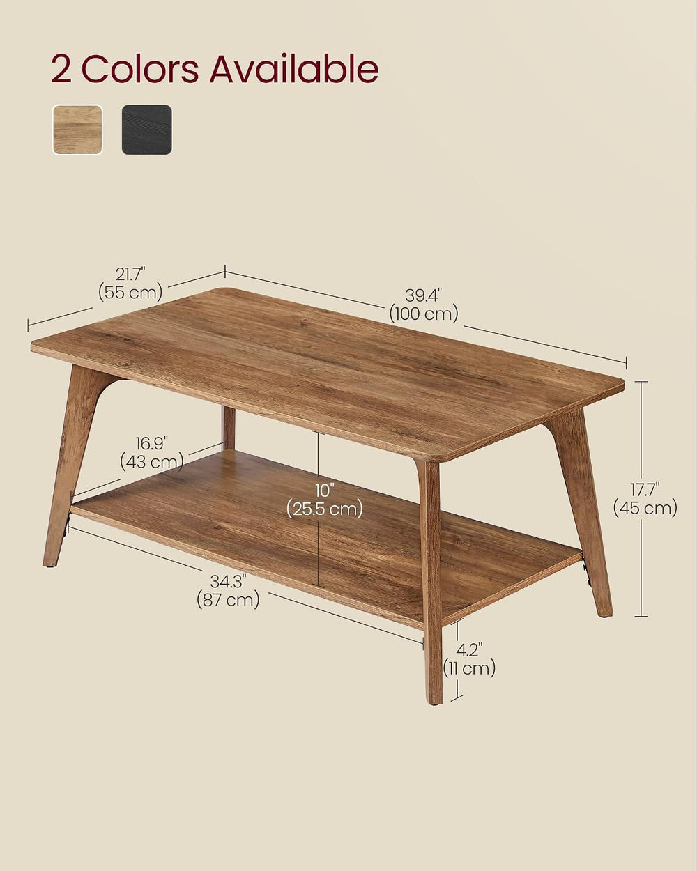 VASAGLE Coffee Table, 2-Tier Center Table with Storage, Tapered Legs