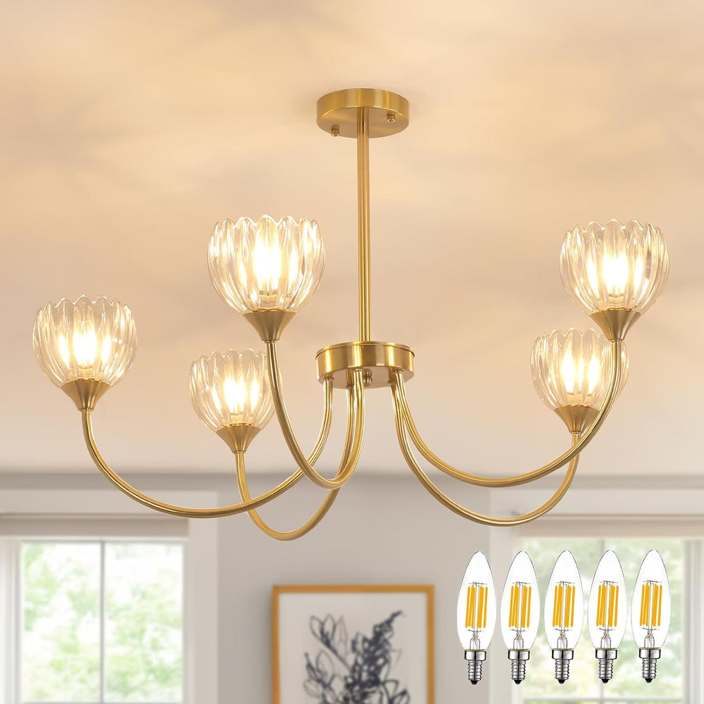 Shenmoyl 30.31" Brass Gold 5-Light Chandelier, 5-Arm Clear Tulip Glass P...