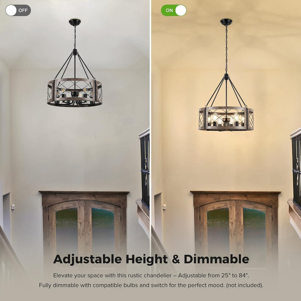 Farmhouse Drum Chandelier for Dining Room, 22" Rustic Black Chandelier w...