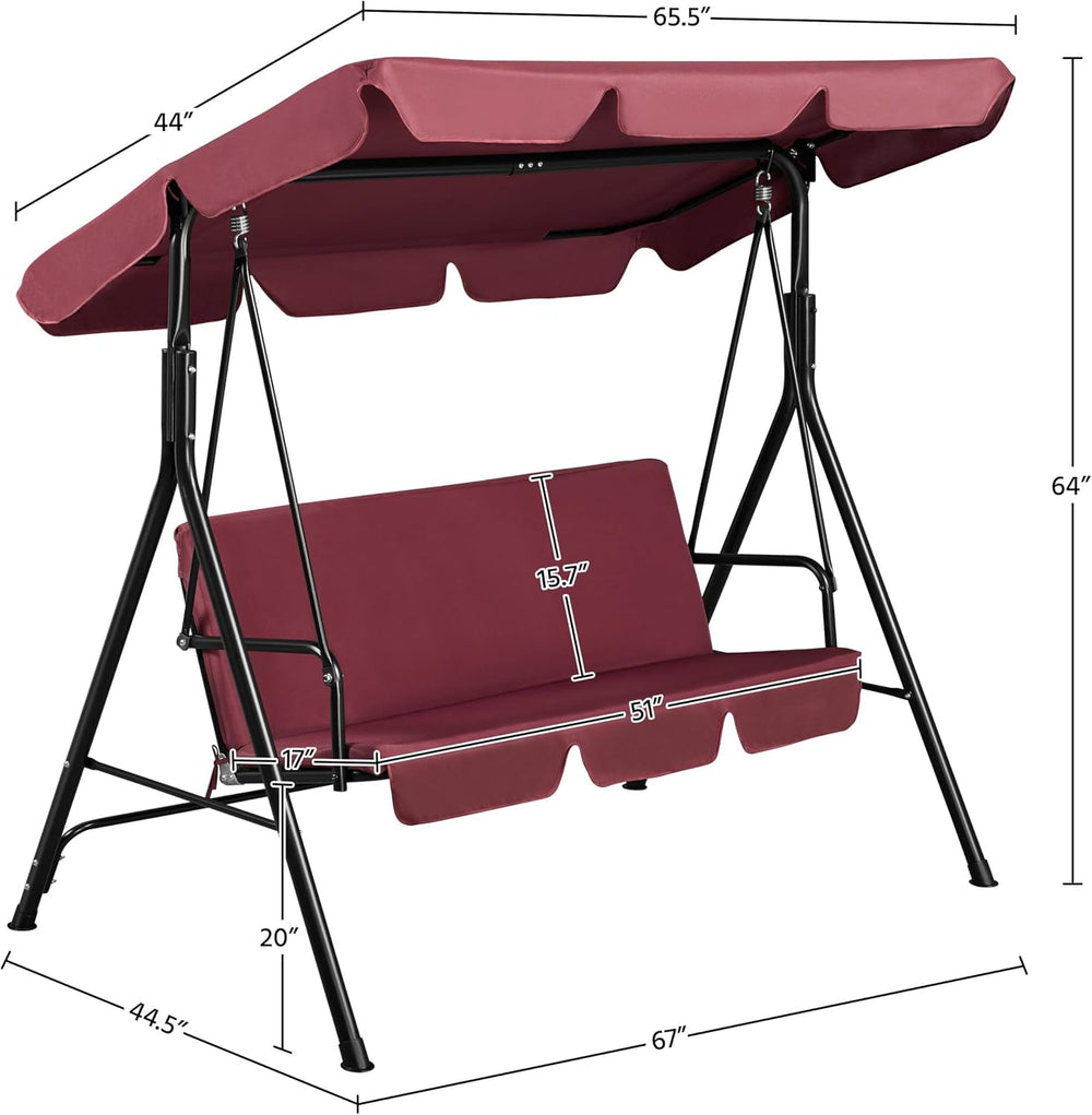 Yaheetech 3-Seat Patio Swing Chair, Adjustable Canopy & Cushion, Burgundy