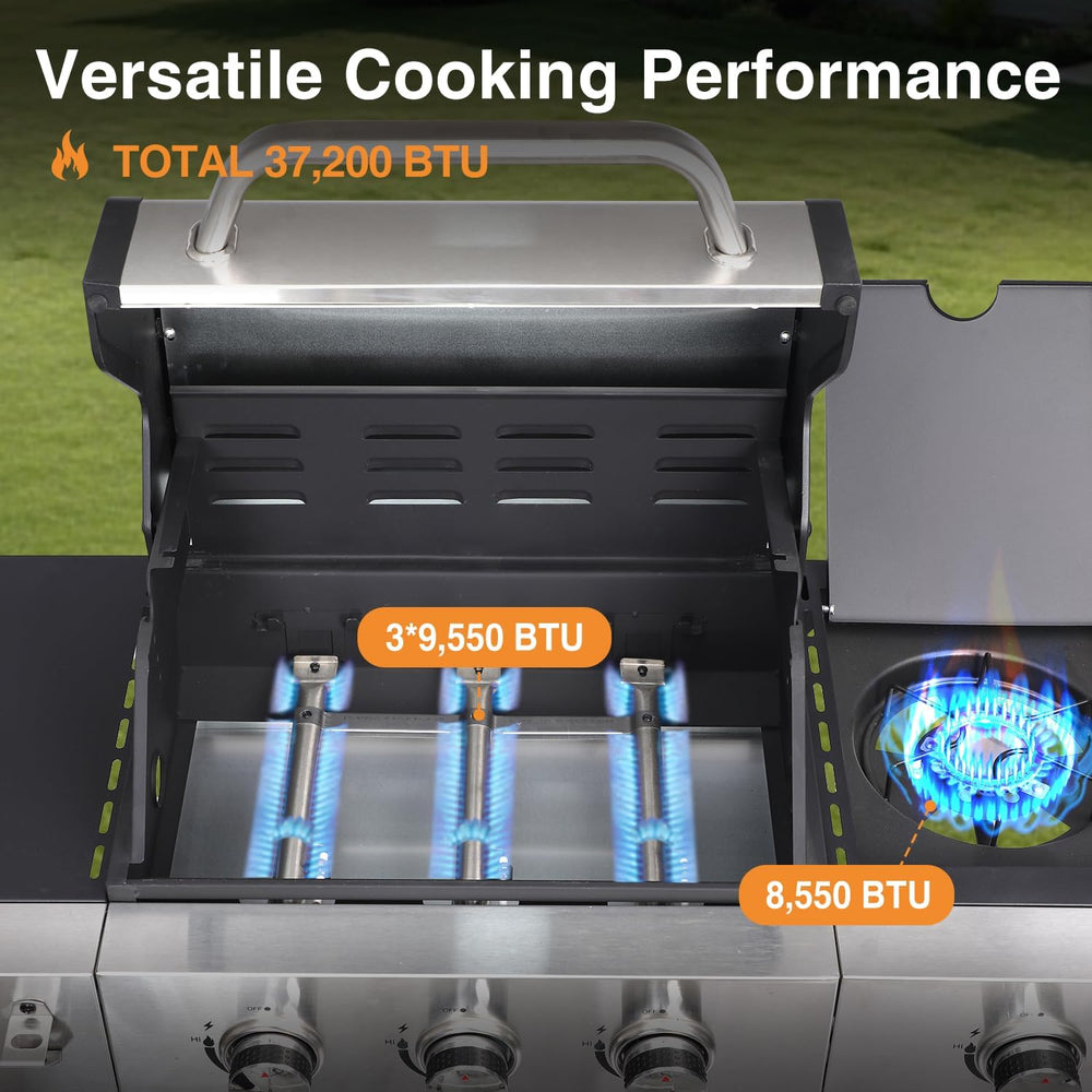 3 Burner Propane Gas Grill, 39,000 BTU Outdoor BBQ Grill with Side Burner and...
