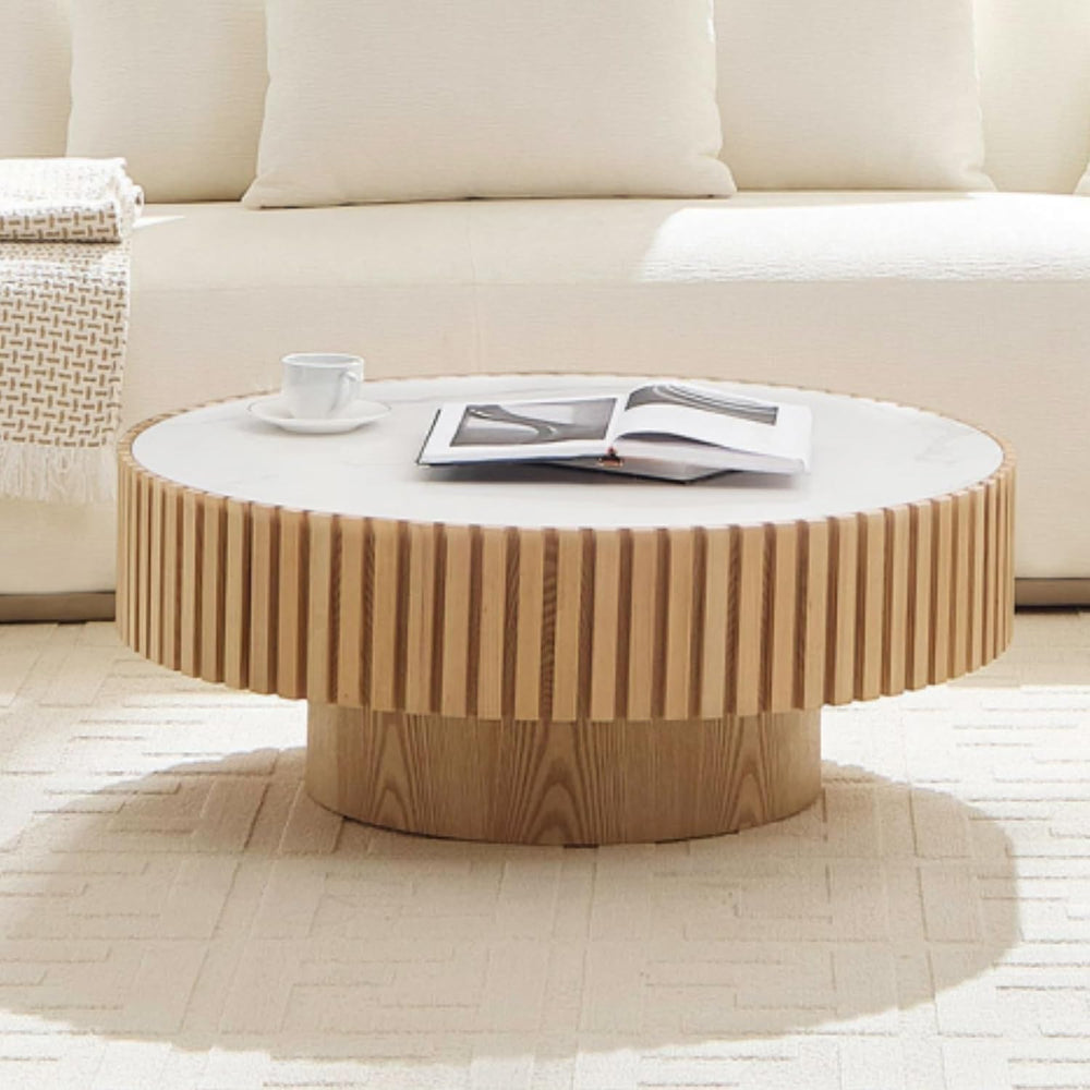 35.43" Oak Round Wood Coffee Tables with Faux Marble White Sintered Ston...