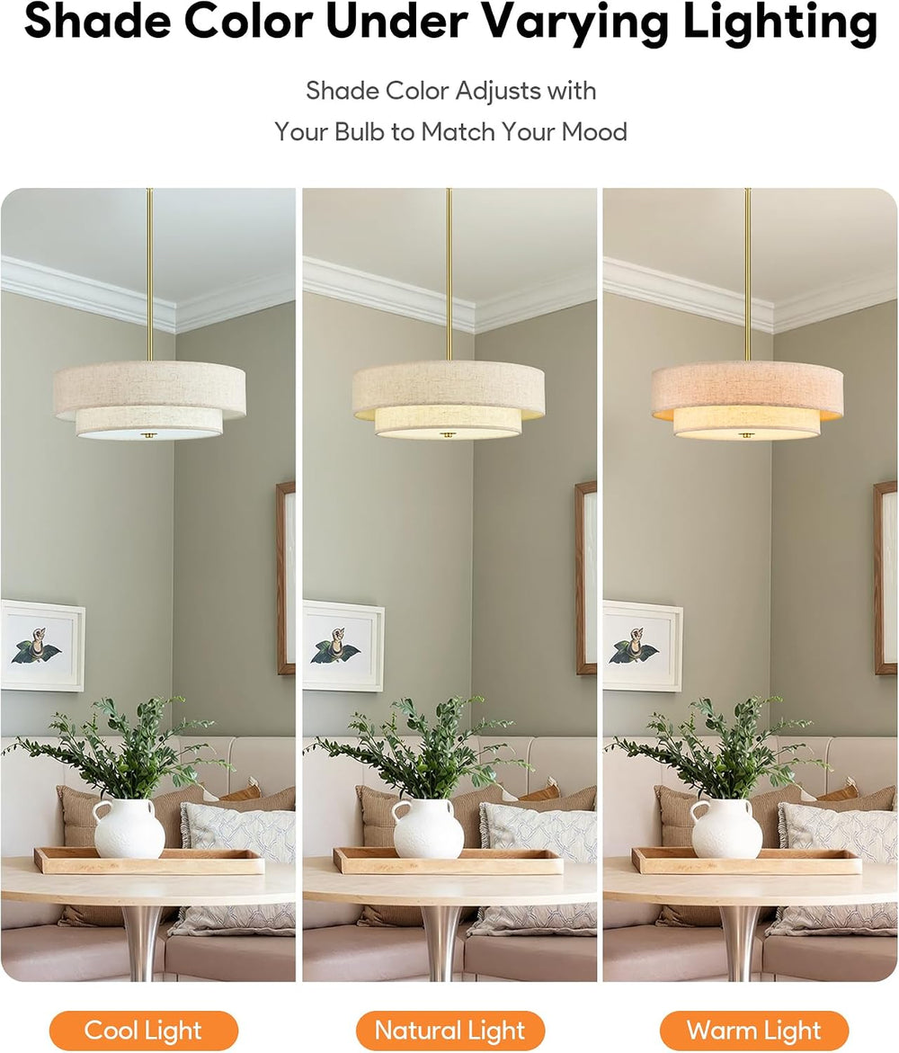 VONLUCE 18" Modern Drum Chandelier, 4-Light 2-Tier Linen Pendant Light