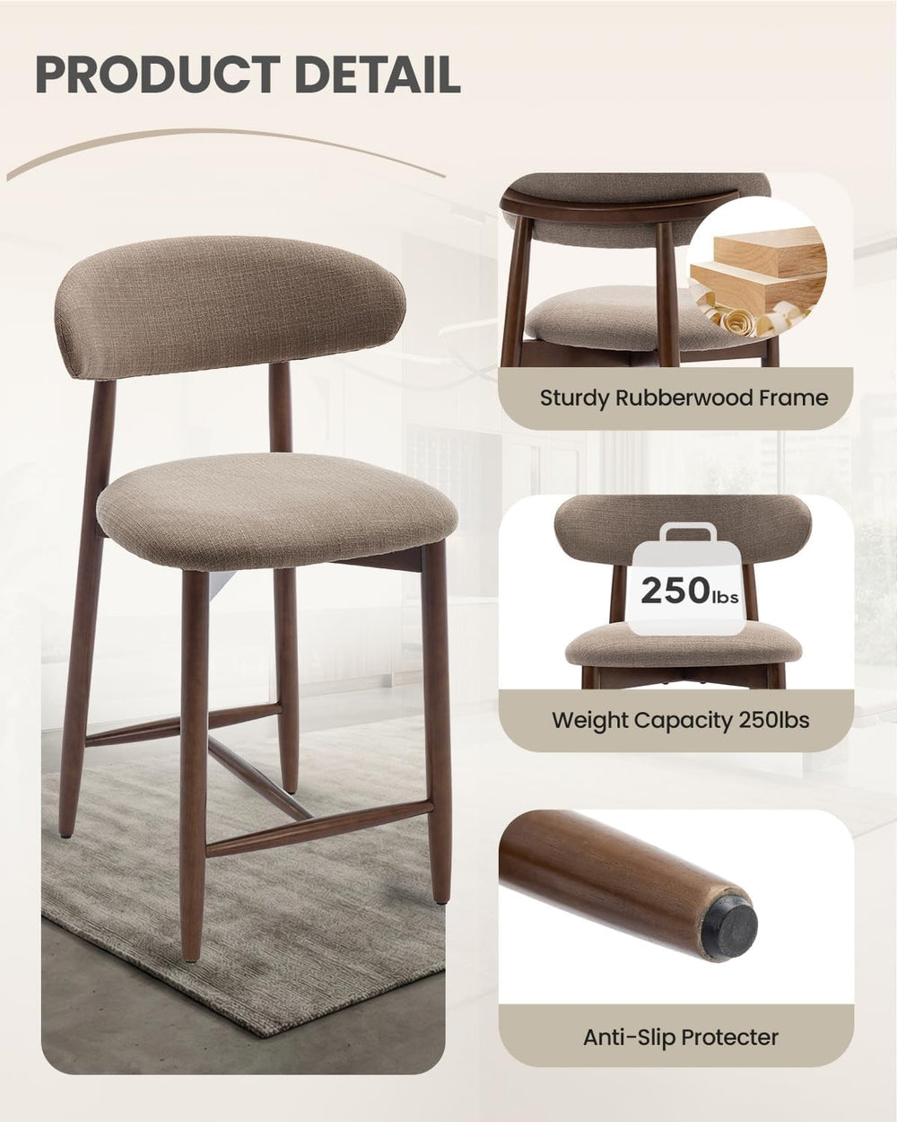 Bar Stools Set of 1, 25.6″ Counter Height Bar Stools with Wood Legs