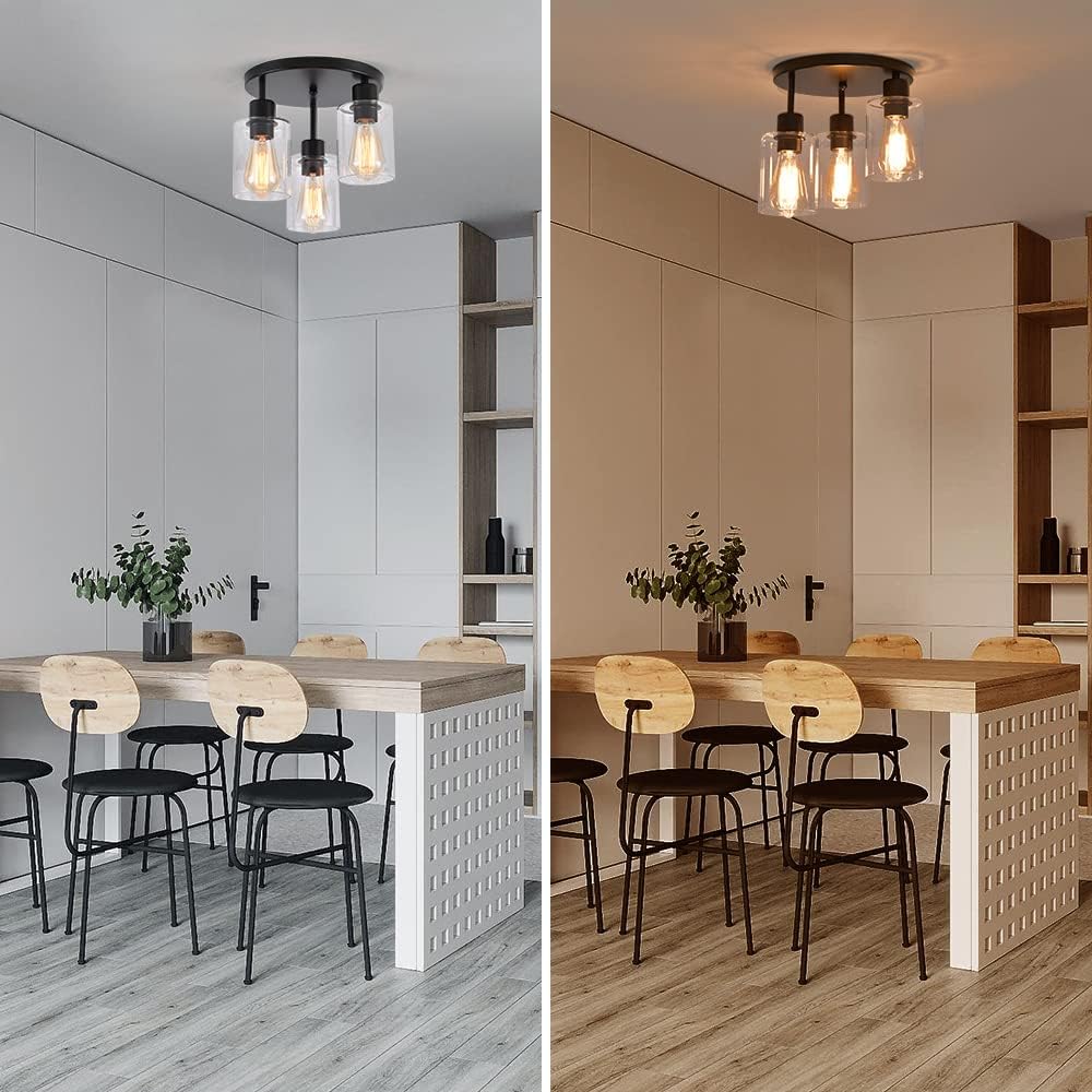 3-Light Industrial Farmhouse Black Matte Light Fixtures Ceiling Mount, with C...