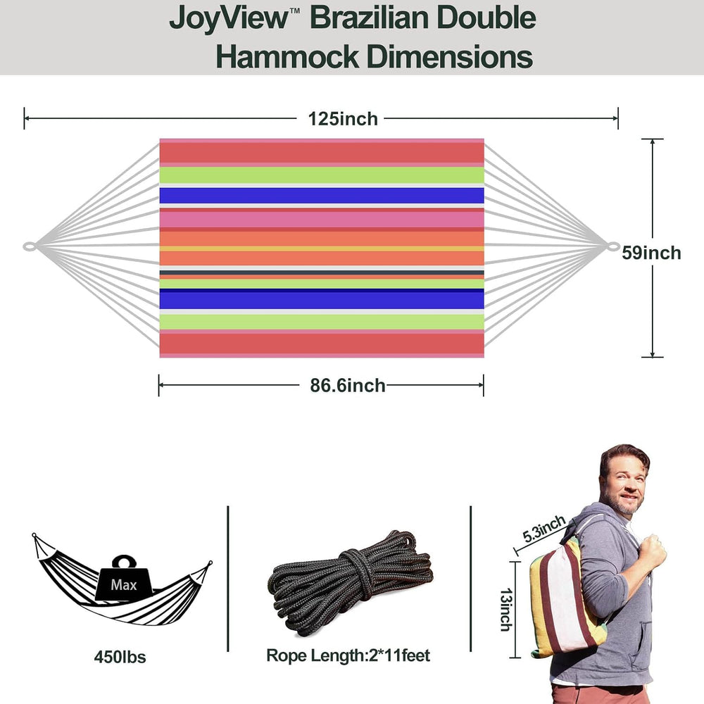 JoyView Brazilian Double Hammock with Hanging Ropes Extra Large 86.6x59” Port...