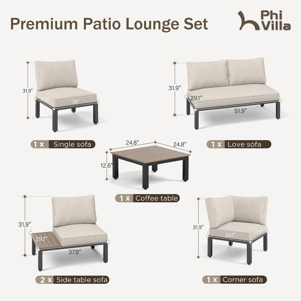 PHI VILLA 6-Seat Metal Patio Sofa Sectional Set with Gray Cushions