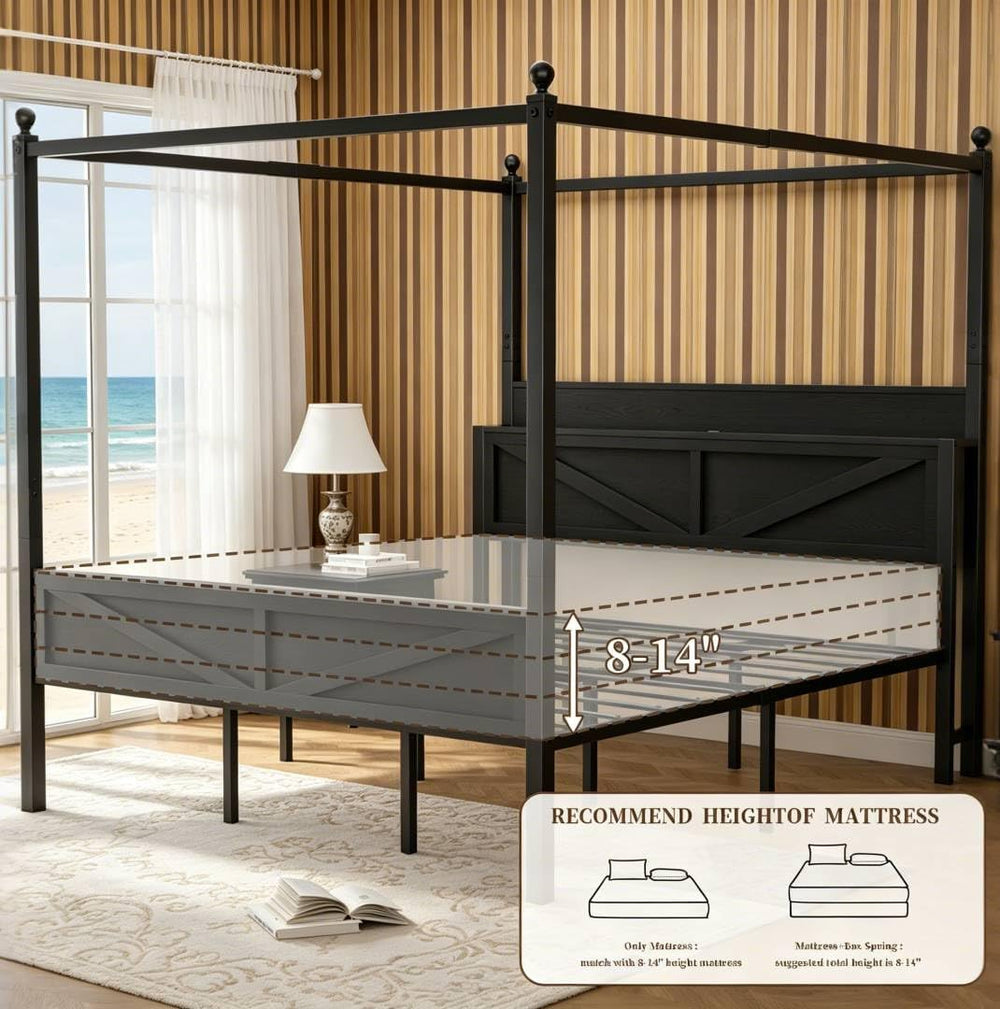 King Size Canopy Bed Frame with Storage Headboard, Black
