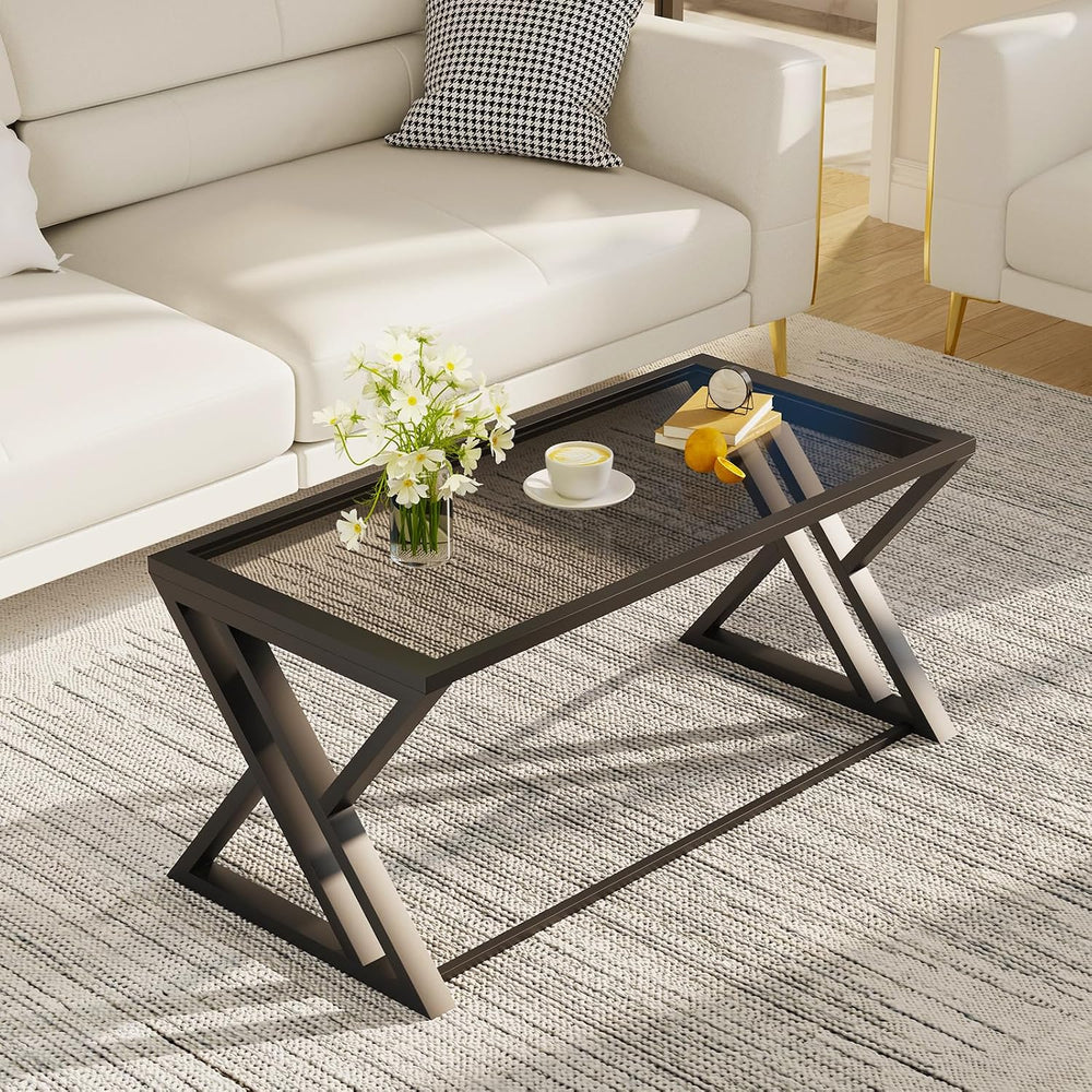 Wolawu Coffee Table Grey Glass Coffee Table for Living Room,Modern Rectangula...