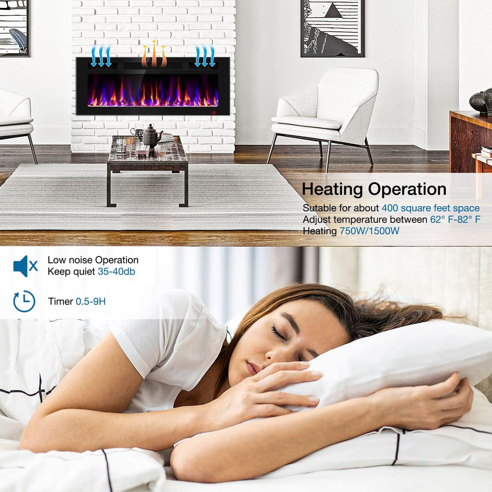 43 Inch Electric Fireplace Recessed and Wall Mounted, Fireplace Heater and Li...