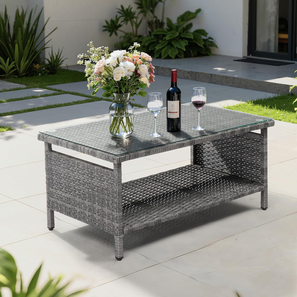 VINGLI Outdoor Wicker CoffeeTable Patio Coffee Tables for Outside, Tempered G...