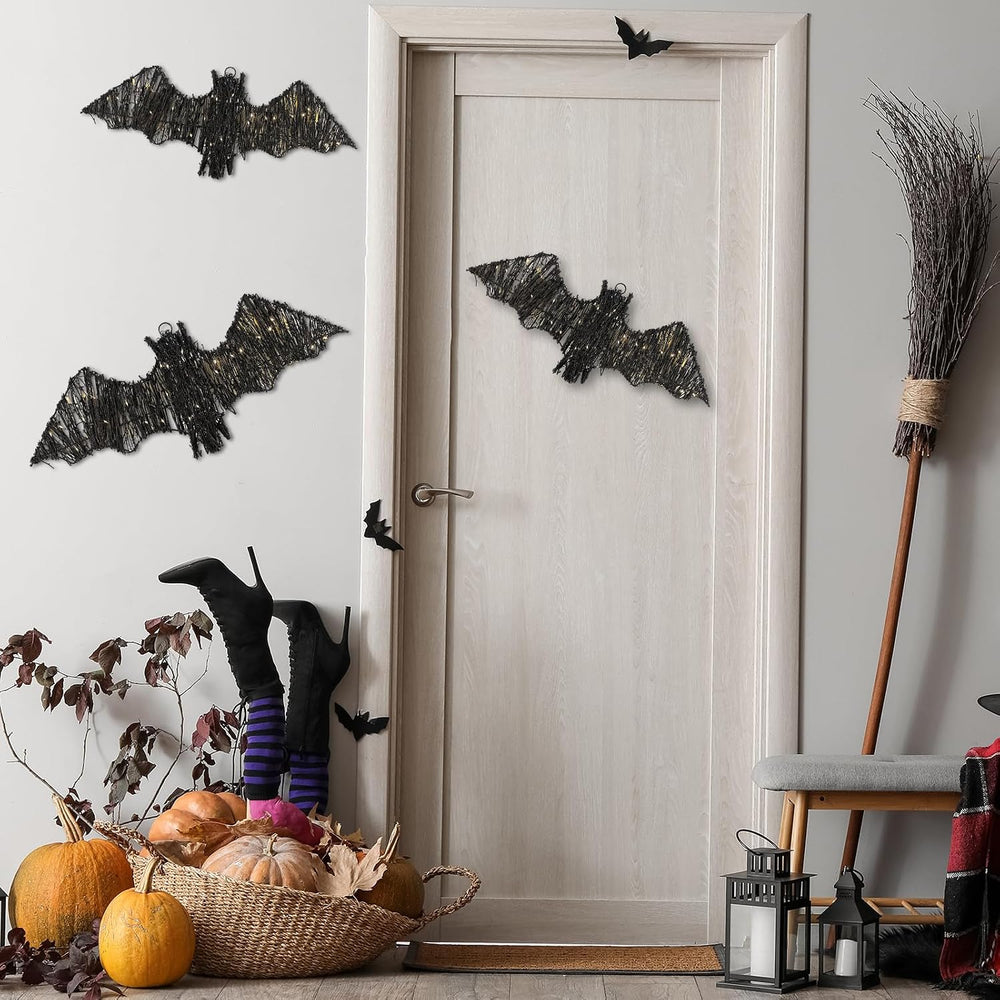 Glooglitter 2 Pcs Halloween Rattan Bats 3D Lit Woven Bat with Timer Remote