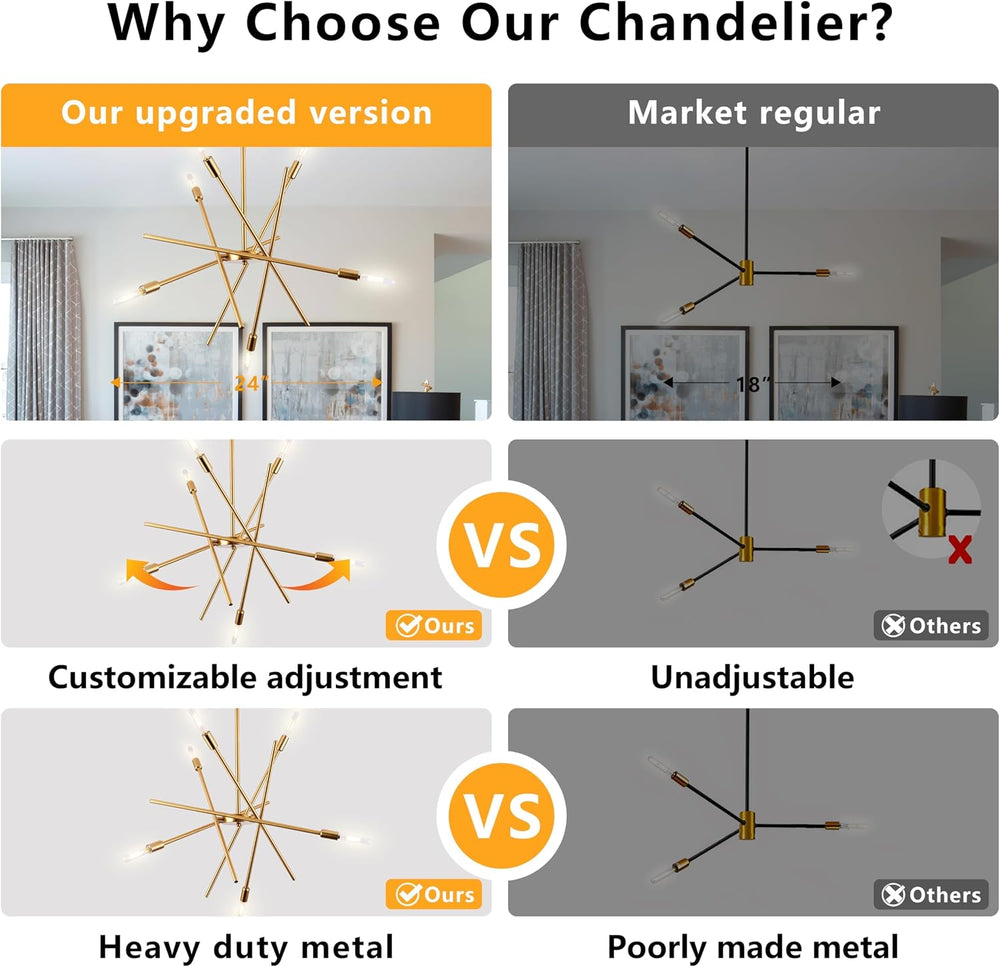 Modern 6-Lights Gold Sputnik Chandelier Dimmable Adjustable Height Contempora...