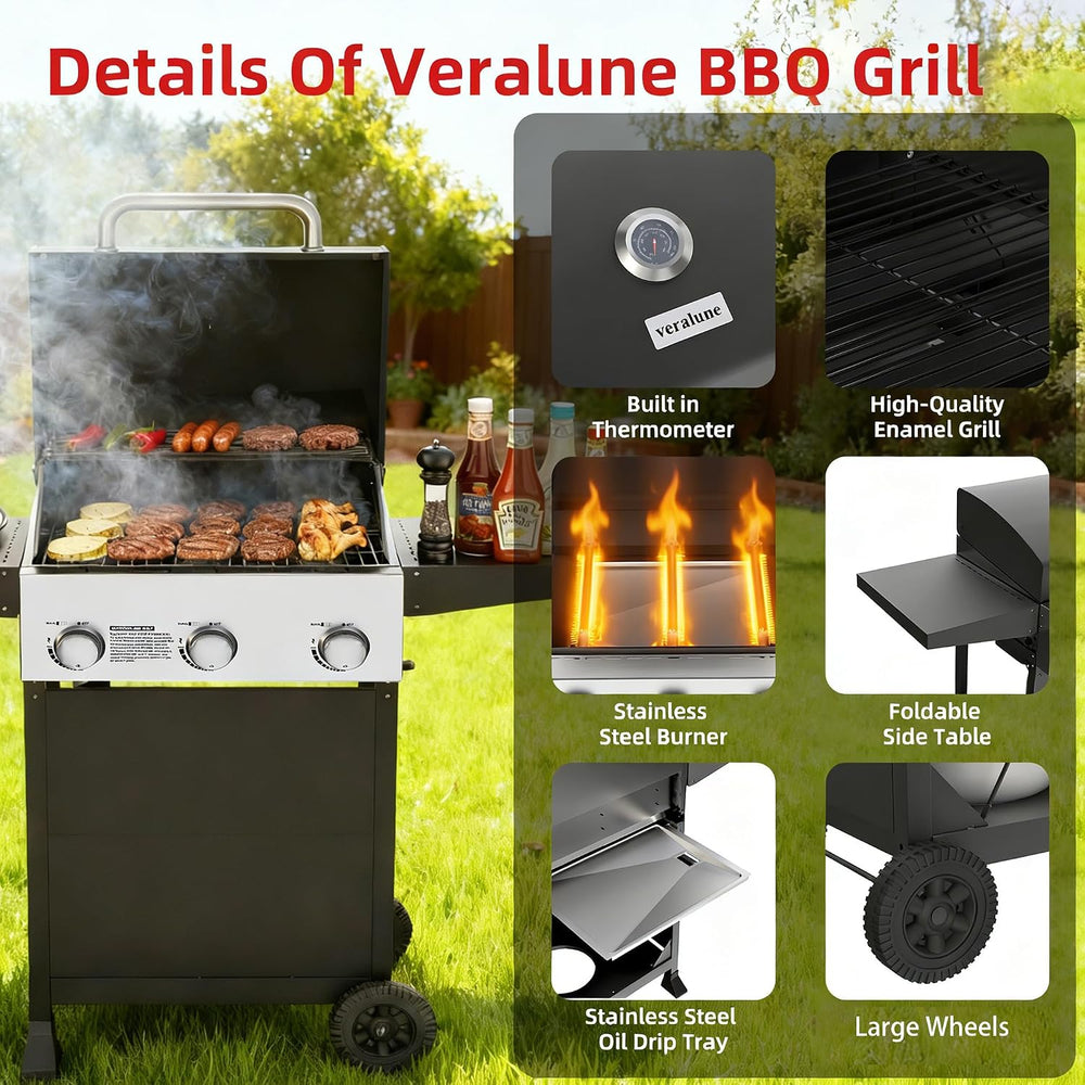 Veralune 3 Burner Gas Grill, Outdoor Propane Grill with Wheels, 445 SQ. IN