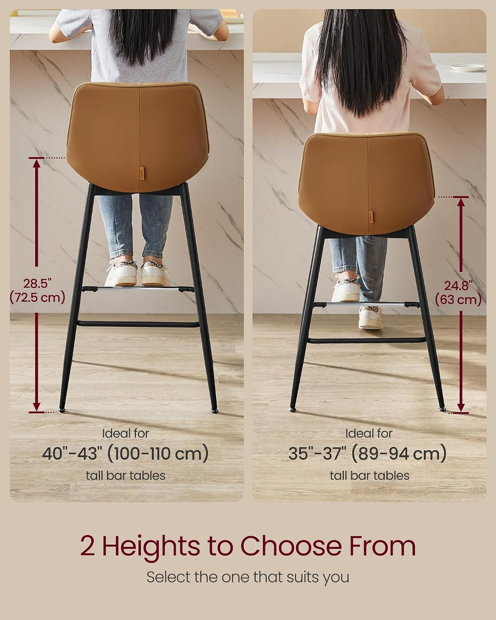 VASAGLE Bar Stools Set of 2, Bar Height, with Back, 28.5-Inch