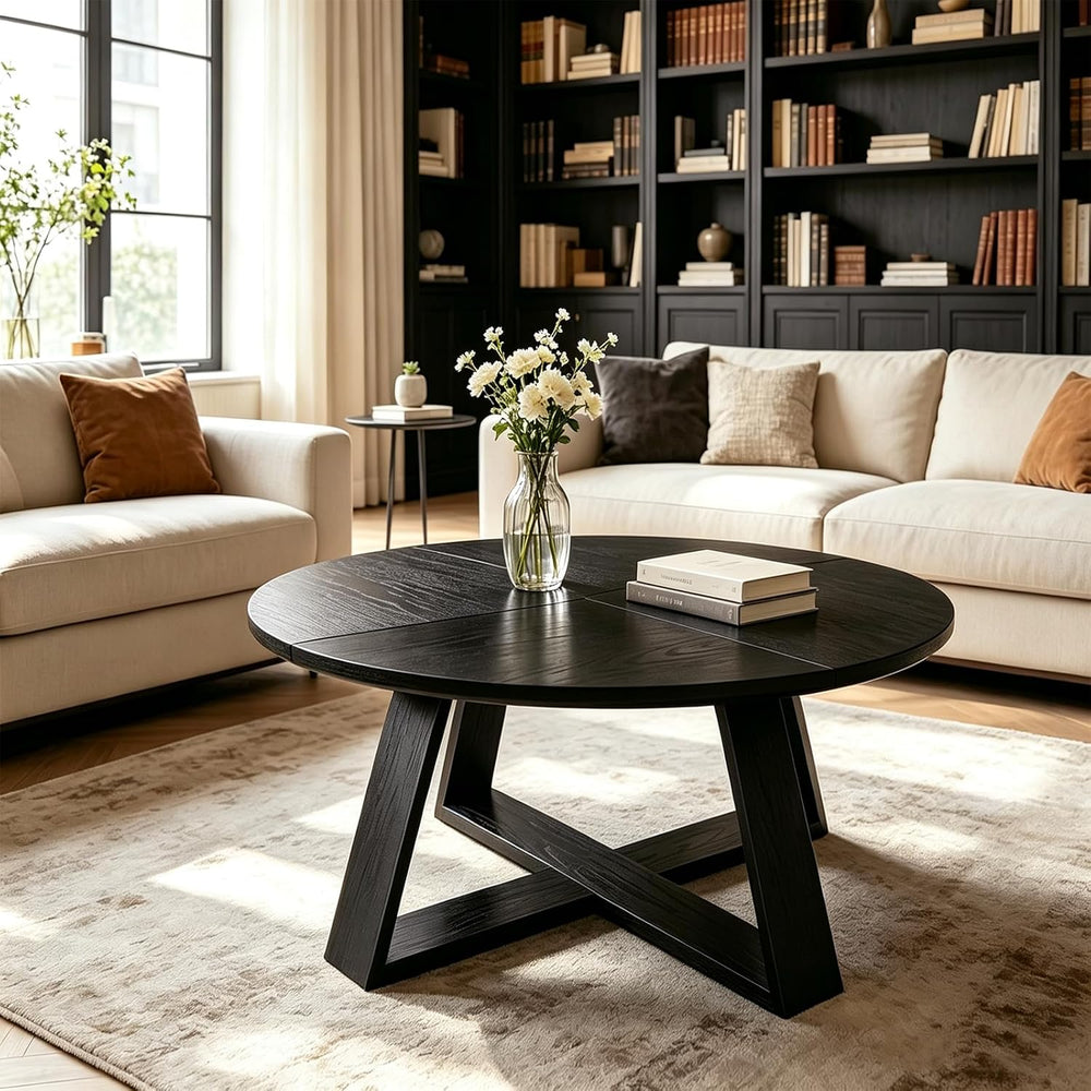 HAIOOU Round Coffee Table for Living Room with Open Storage Black Wooden