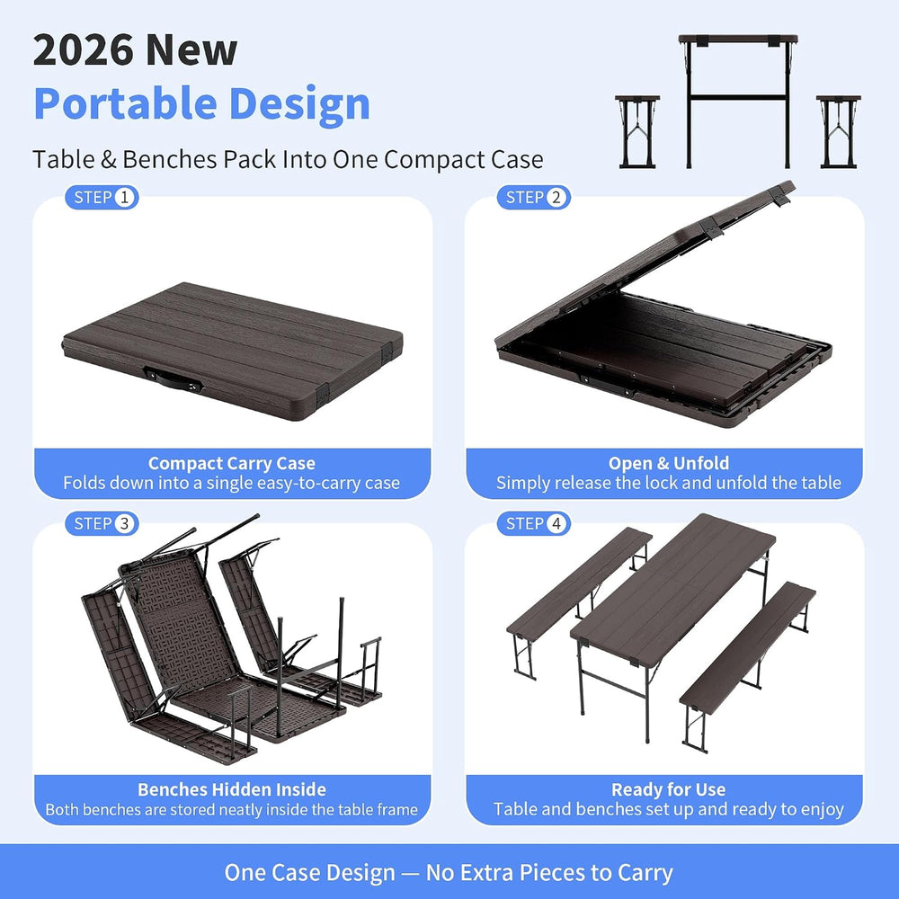 Polar Aurora Picnic Table Set with 2 Benches, 6 Feet Folding Camping Table Ch...