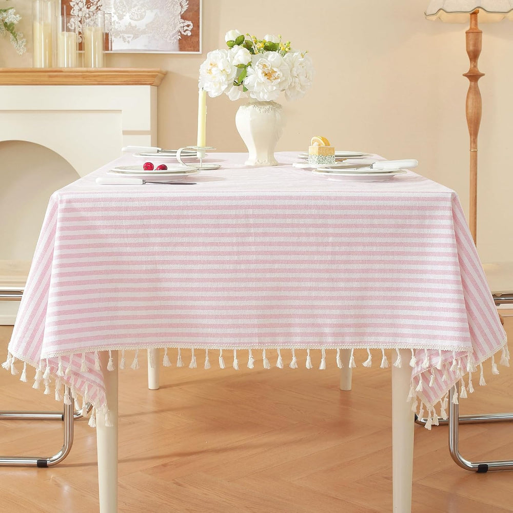 meioro Striped Square Tablecloth, Cotton Blend Fabric Pink Table Cloth with T...