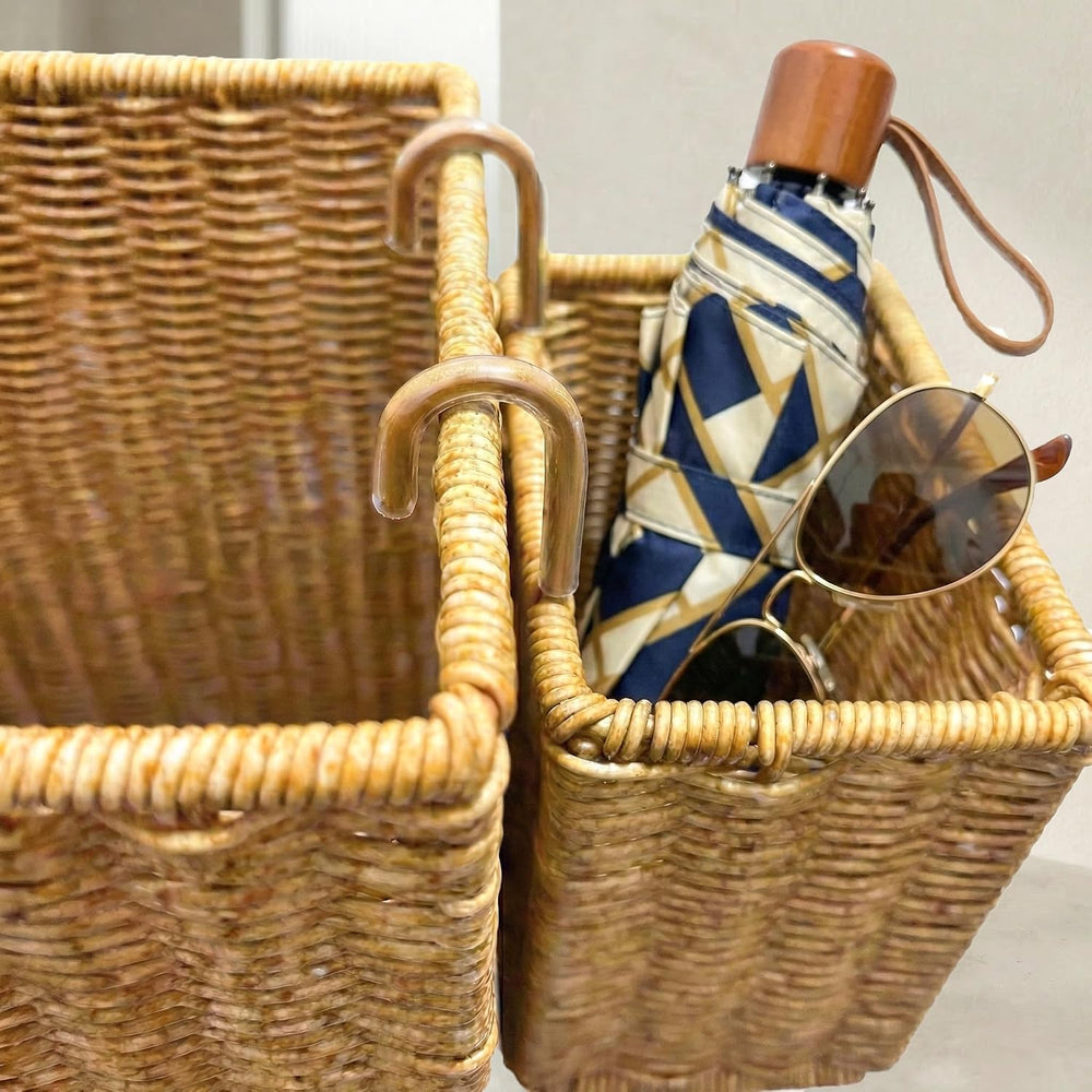 Wicker Umbrella Stand for Entryway, Tall Rattan Holder with Tray