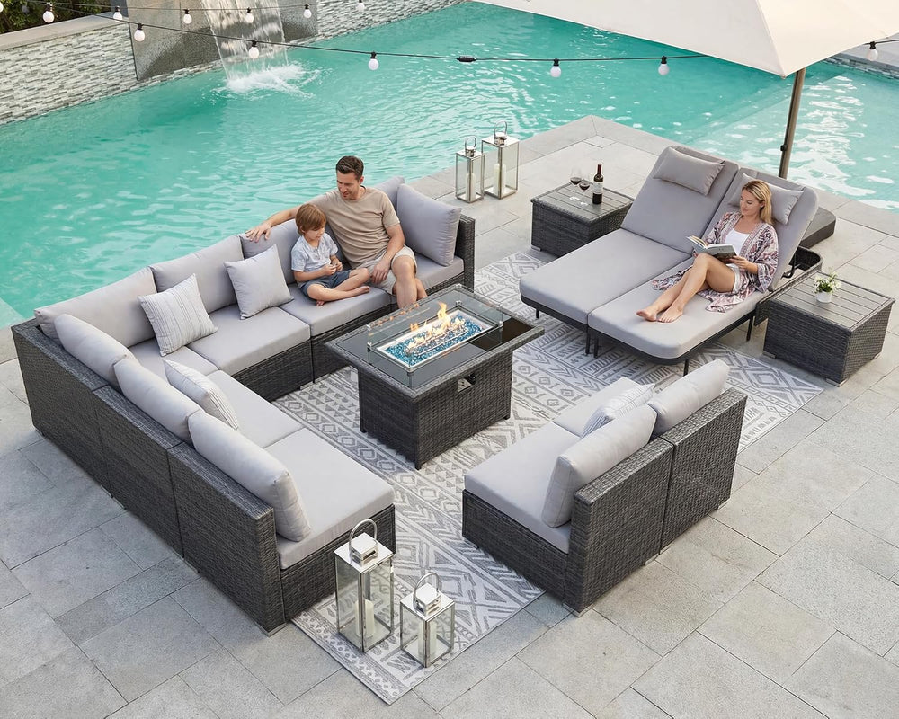 NICESOUL 13 Piece Outdoor Sectional w/Fire Pit Table, Luxury Modular Patio Fu...