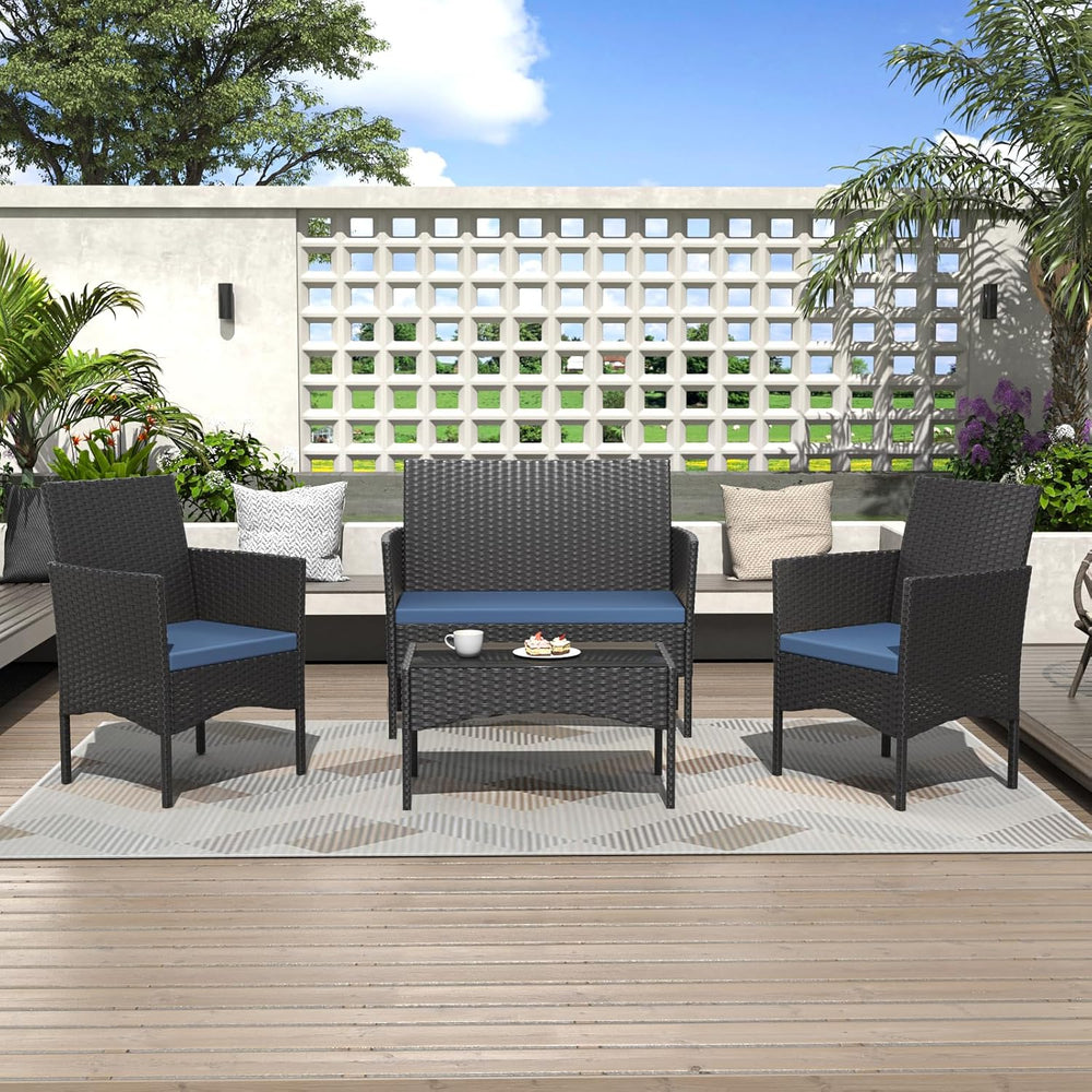 ALAULM 4 Pieces Patio Furnitrue Set Outdoor Patio Conversation Set Wicker Cha...