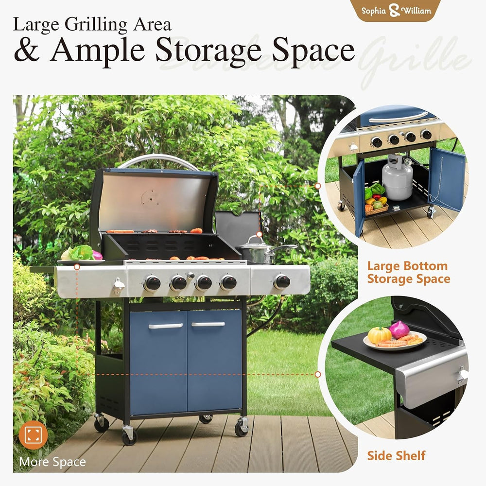 Sophia & William 4 Burner Propane Gas BBQ Grill with Side Burner,Blue