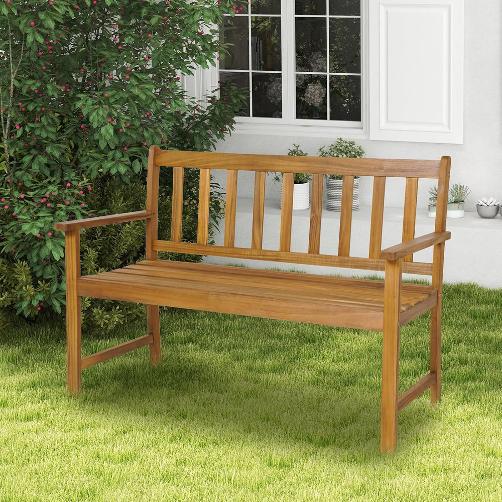 HAPPYGRILL Patio Wood Bench with Ergonomic Backrest & Armrests, 2-Person ...