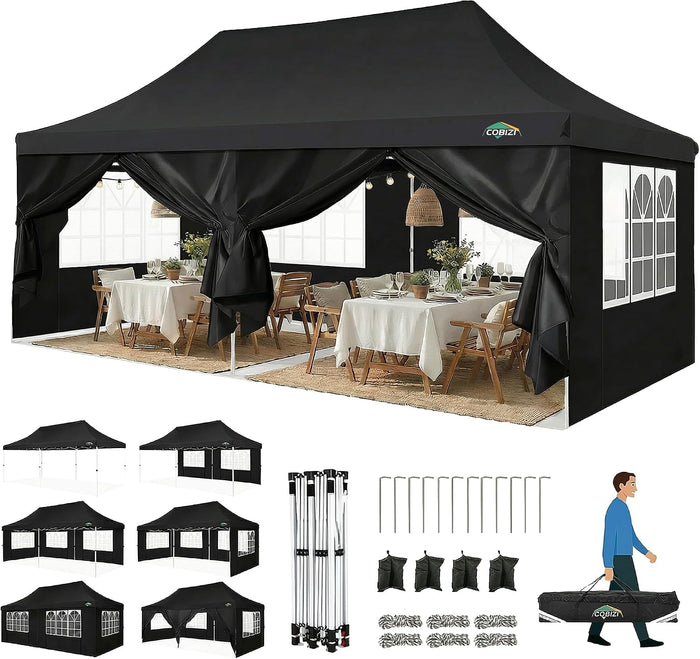 COBIZI 10x20 Pop Up Canopy Tent with Sidewalls, Waterproof Commercial Outdoor Instant Gazebo UV Protection 50+ Event Shelter, Garden Tents for Parties with Sandbags, Black