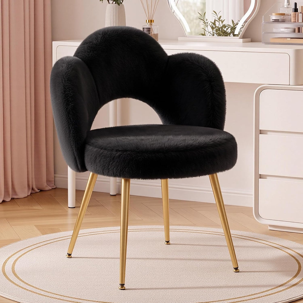 Fluffy Vanity Chair with Back, Makeup Chair with Gold Legs, Black