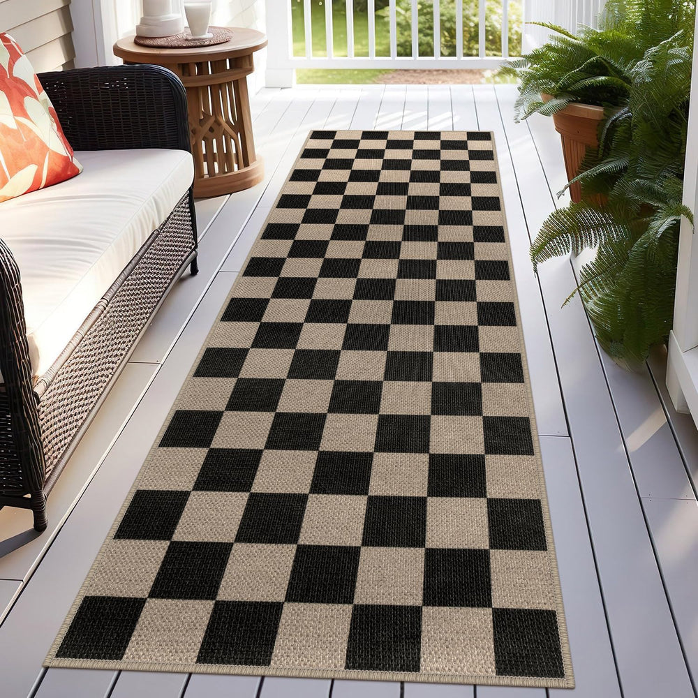 Rugalia Easy Jute Checkered Runner Rug, 2.6x8 Black Modern Washable Rugs Runn...