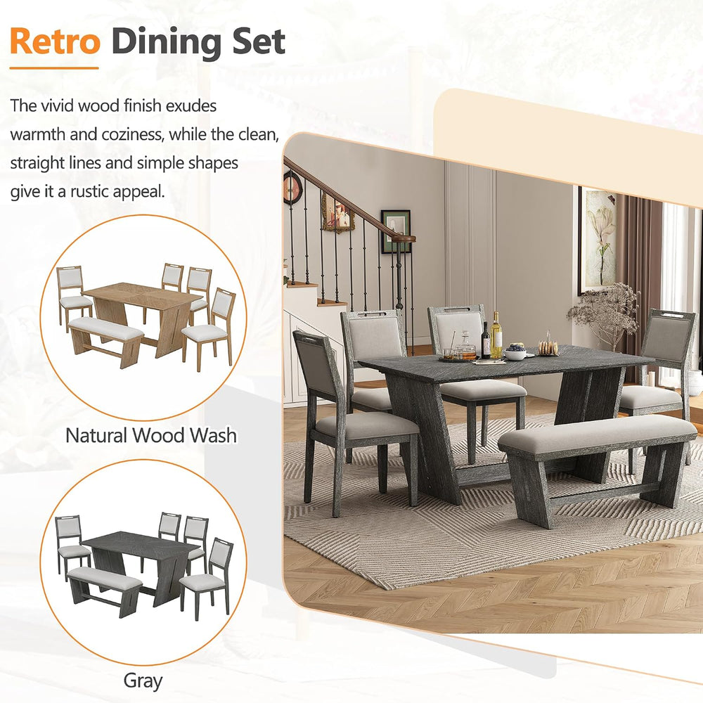 Merax 6-Piece Retro Dining Set, 1 Rectangular Table with Stable Trapezoidal T...