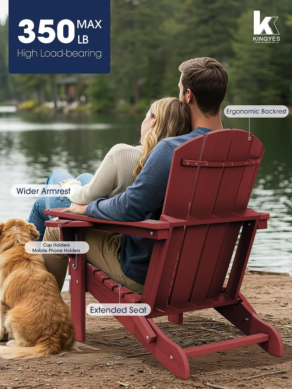 KINGYES Folding Adirondack Chair Set of 4 with 2 Cup Holders, Red
